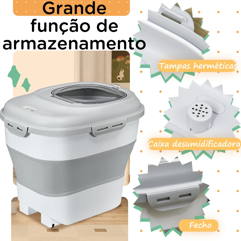 PawHut Recipiente de Comida para Cães 25L com Rodas Copo Medidor Tigela dobrável e colher cinza