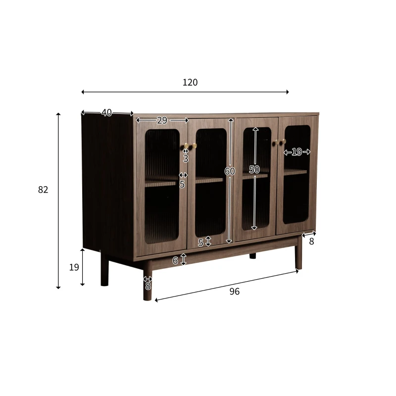 Buffet couleur noyer avec vitrine et 4 portes en verre à rayures verticales, multifonction pour salon, Marron