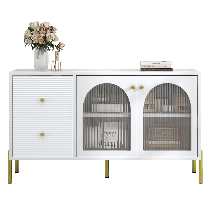 Buffet Élégante avec Étagères Réglables et Dessus Effet Marbre, 2 Portes et 2 Tiroirs - Meuble de Rangement, Blanc
