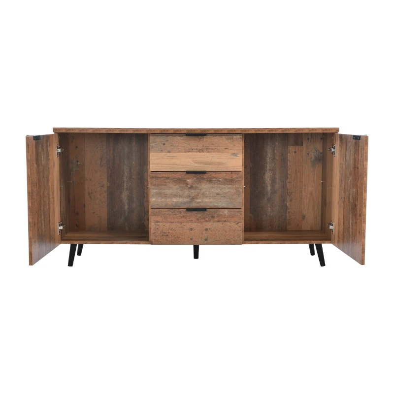 Buffet Vintage Scandinave en Bois avec 3 Tiroirs et Étagères Réglables pour Salon et Salle à Manger, Brun antique(m-5)