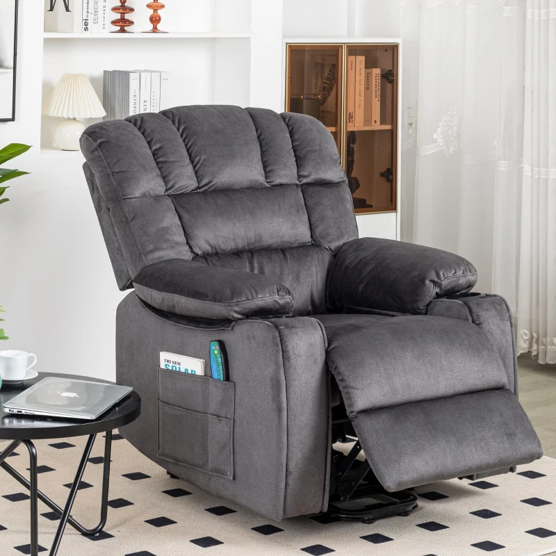 Fauteuil de massage électrique de luxe pour seniors, inclinable, chauffant, avec porte-gobelet, poches, télécommande et pédale,  idéal pour salon et chambre, Gris