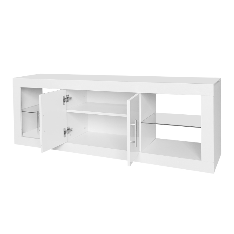 Meuble TV scandinave moderne suspendu pour écrans jusqu'à 60" avec LED 16 couleurs et contrôle Bluetooth, portes brillantes, Blanc