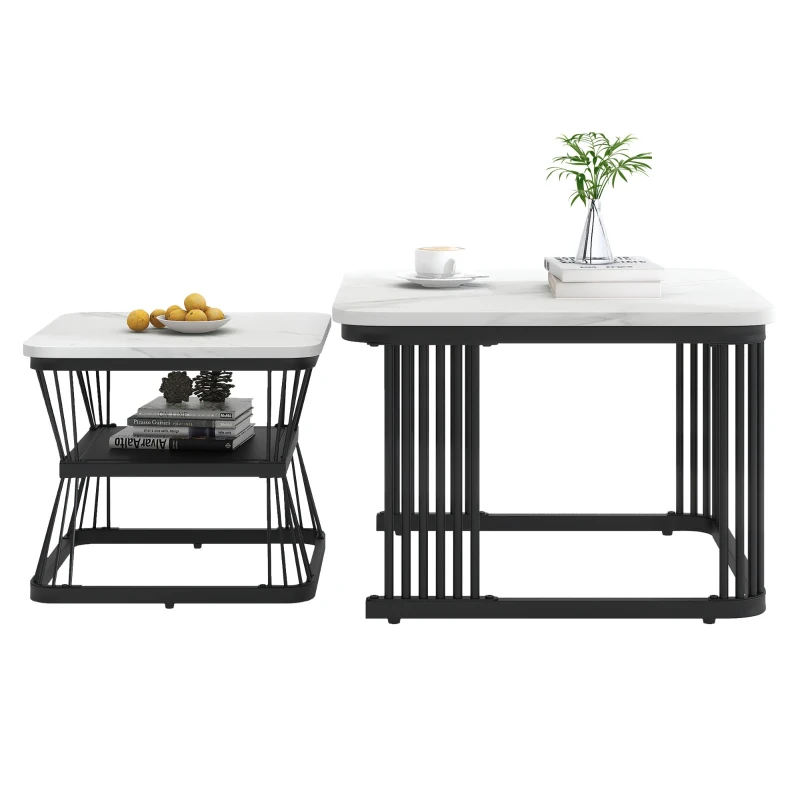 Ensemble de 2 tables basses gigognes modernes effet marbre avec structure en acier, Blanc