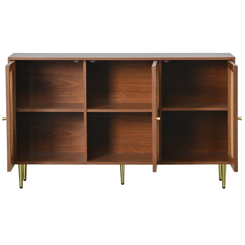 Buffet moderne avec 3 portes aspect cannage, poignées en métal et meuble d'entrée de rangement, Couleur noyer