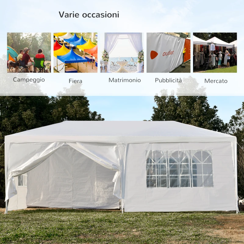 Outsunny Gazebo da Giardino 6x3m con Pareti Laterali Rimovibili, Porte e Finestre, Bianco