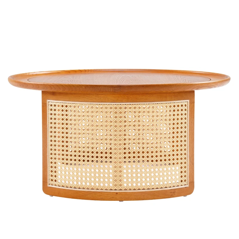 Table Basse Vintage en Bois Massif avec Détails en Cannage Rotin, Ø70 cm, Naturel