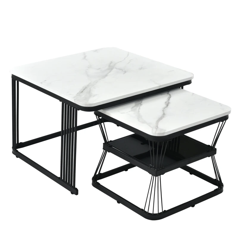 Ensemble de 2 tables basses gigognes modernes effet marbre avec structure en acier, Blanc