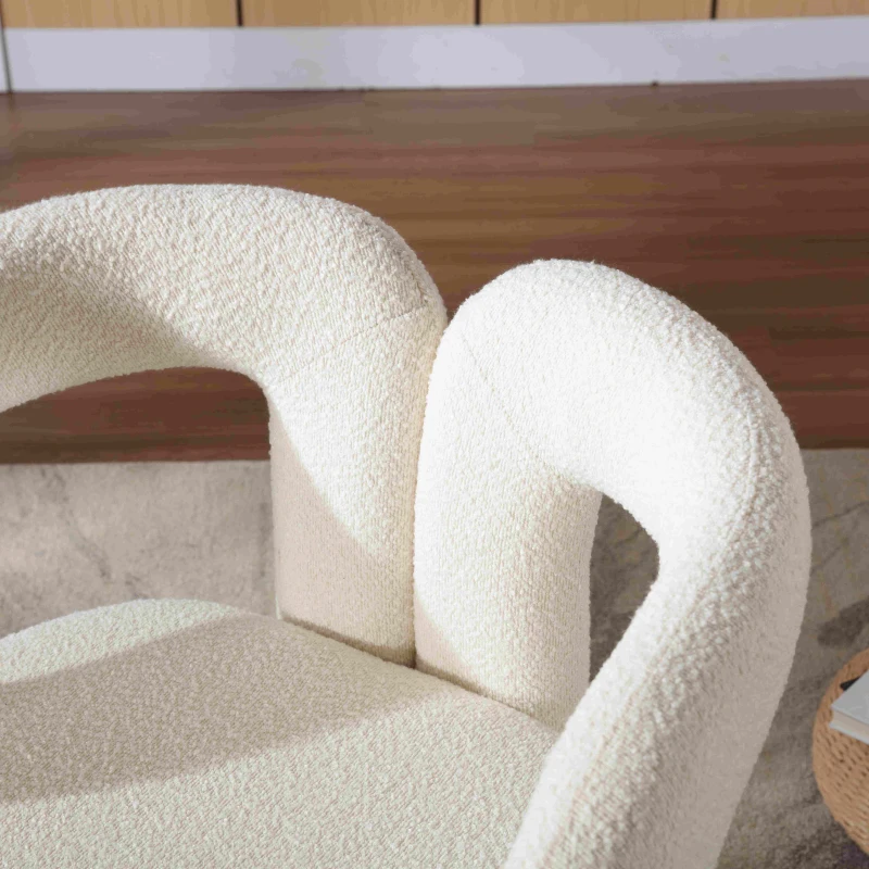 Poltrona Girevole Imbottita in Stoffa Bouclé, Design a Botte per Salotto e Ufficio, Beige