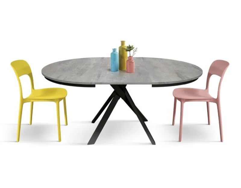 PAZZO DESIGN Tavolo Allungabile con Gambe Incrociate rotondo, Made in Italy, Basamento Nero, Grigio cemento