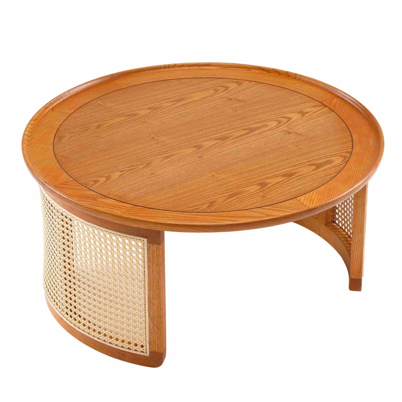 Table Basse Vintage en Bois Massif avec Détails en Cannage Rotin, Ø70 cm, Naturel