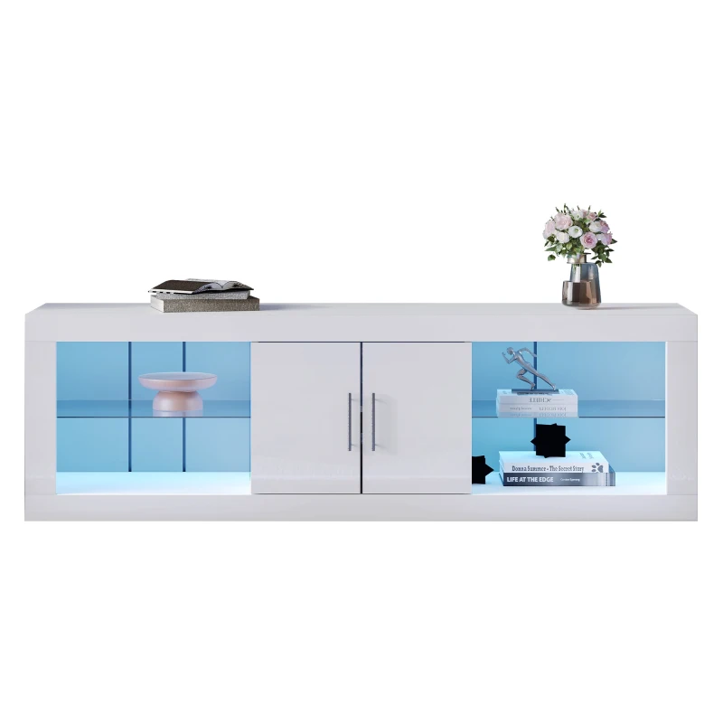 Meuble TV scandinave moderne suspendu pour écrans jusqu'à 60" avec LED 16 couleurs et contrôle Bluetooth, portes brillantes, Blanc