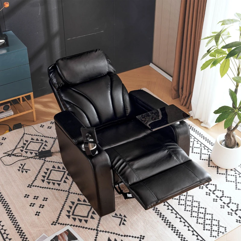 Fauteuil de Relaxation Électrique avec Port USB, Tablette Pivotante à 360°, Porte-gobelet et revêtement PU, Noir