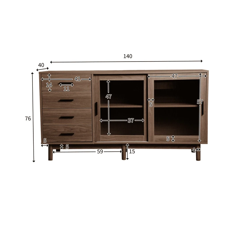 Buffet polyvalent avec vitrine en verre, 4 tiroirs et 2 portes - Meuble TV à roulettes, Bibliothèque et Meuble de rangement, Marron