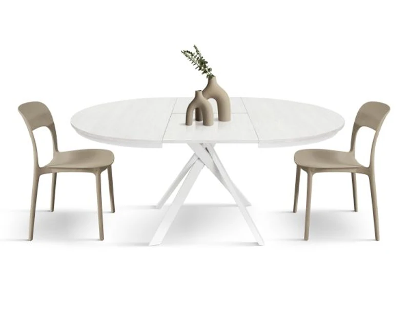 PAZZO DESIGN Tavolo Allungabile con Gambe Incrociate rotondo, Made in Italy, Basamento bianco, Bianco frassinato