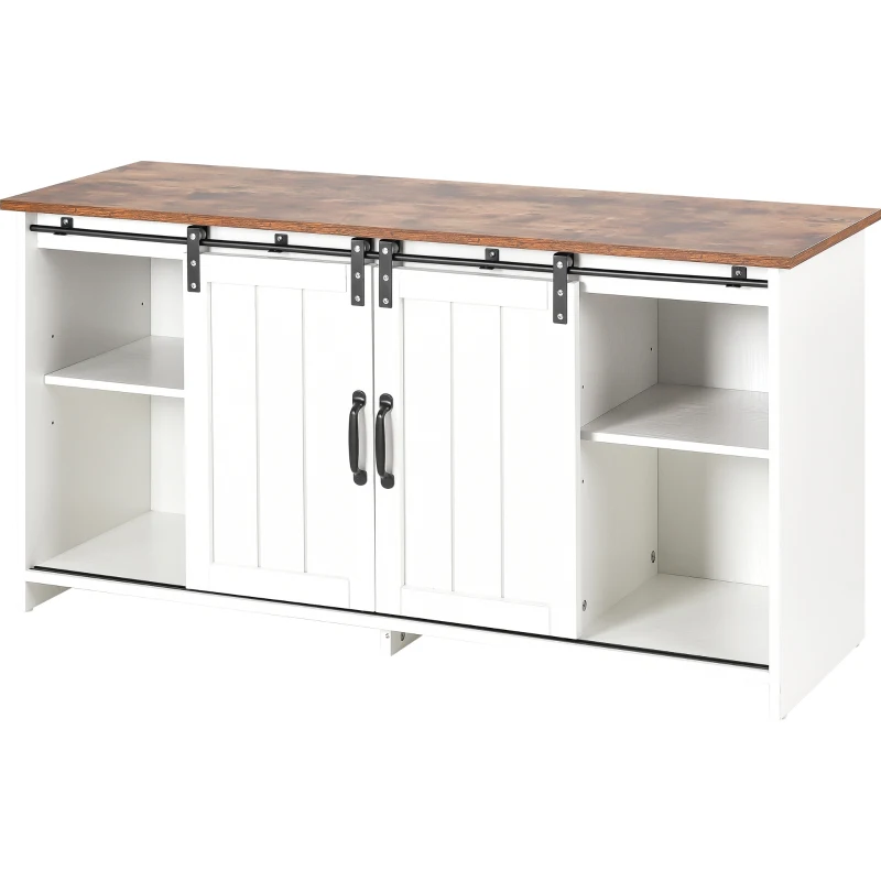 Meuble TV mobile de style industriel vintage avec 2 portes coulissantes et étagères réglables, design rustique, Blanc