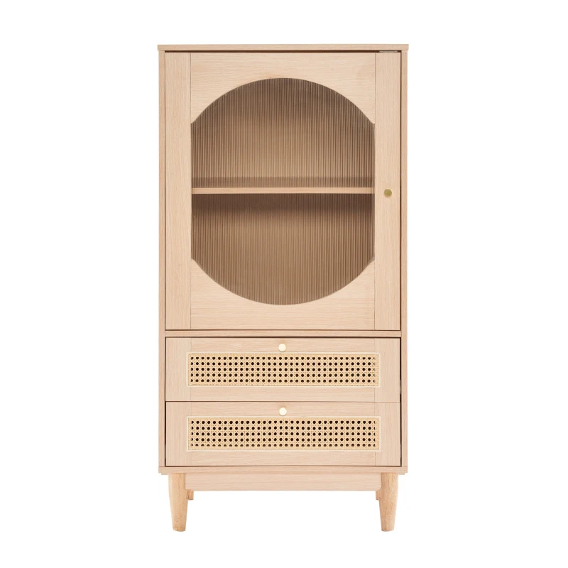 Meuble de rangement avec porte en acrylique transparent et 2 façades de tiroirs en cannage rotin pour salon et salle à manger, Naturel