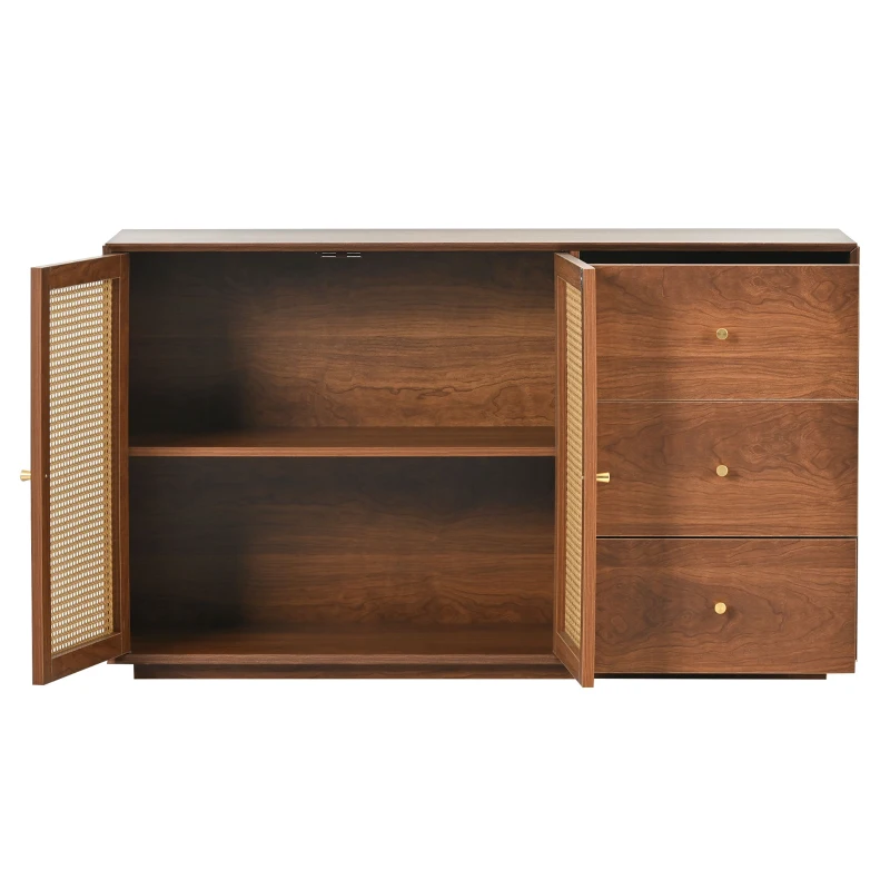 Buffet Moderne en Rotin avec 3 Tiroirs, 2 Portes et Meuble TV Scandinave, couleur noyer