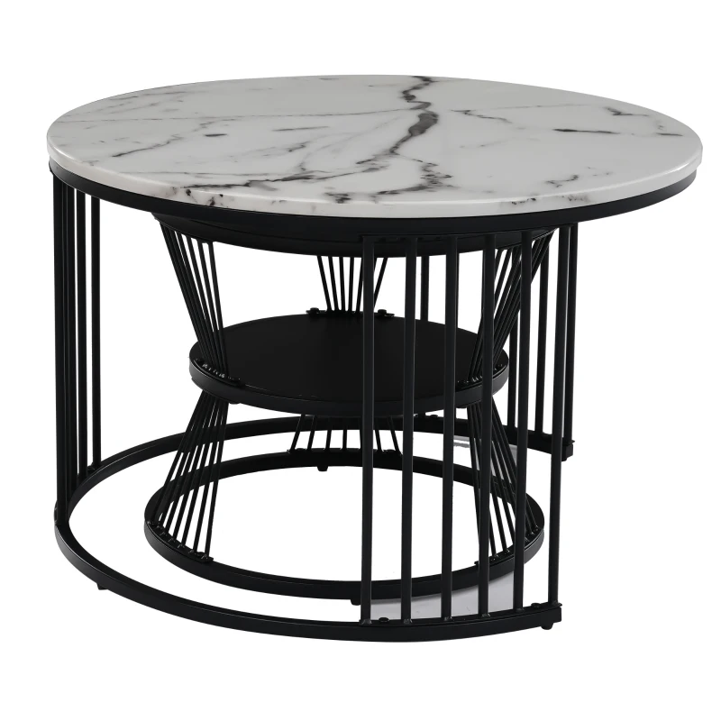 Ensemble de 2 Tables Basses Gigognes Modernes, Design aspect Marbre Brillant, Noir