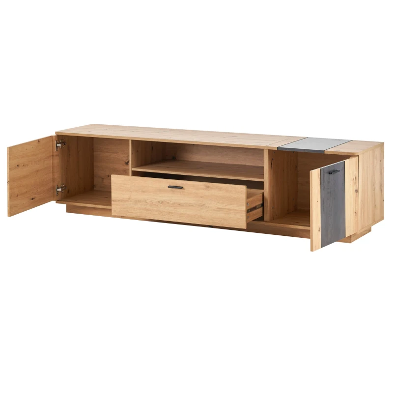 Meuble TV Scandinave Spacieux 1,8 m pour Téléviseur 80 pouces en MDF avec Angles Arrondis et Étagères de Rangement, Marron