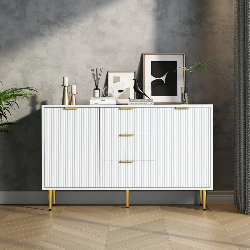 Buffet Élégante avec 2 Portes, 3 Tiroirs et Détails à Rayures Verticales - Meuble de Rangement, Blanc+doré