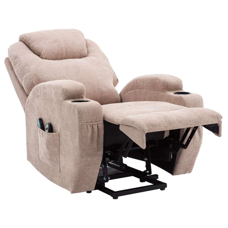 Fauteuil Relax Électrique Massant Inclinable Chauffant avec Porte-gobelets, Poches Latérales et Télécommande, Marron clair