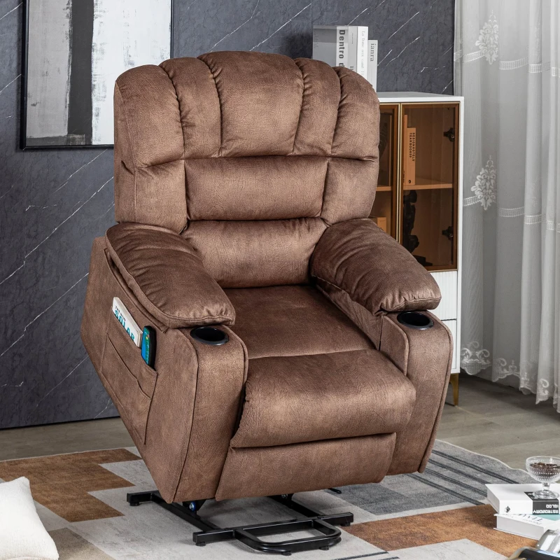 Fauteuil de massage électrique de luxe pour seniors, inclinable, chauffant, avec porte-gobelet, poches, télécommande et pédale,  idéal pour salon et chambre, Marron