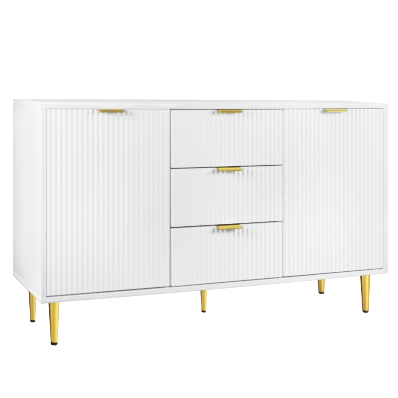 Buffet Élégante avec 2 Portes, 3 Tiroirs et Détails à Rayures Verticales - Meuble de Rangement, Blanc+doré
