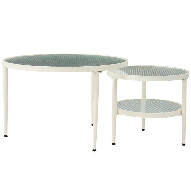 Ensemble de 2 tables basses gigognes rondes avec plateau en verre strié, polyvalentes et élégantes, Blanc
