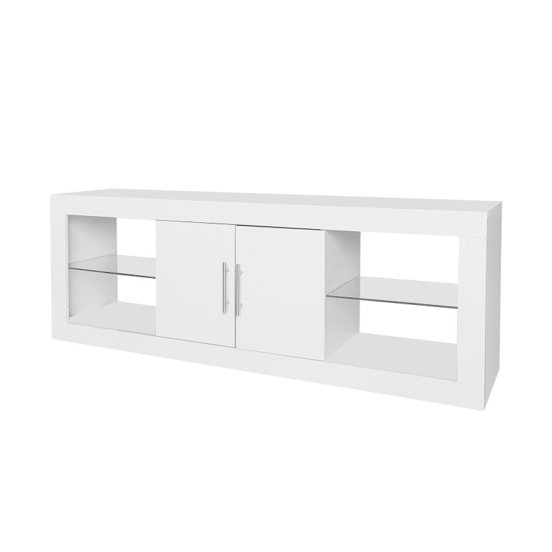 Meuble TV scandinave moderne suspendu pour écrans jusqu'à 60" avec LED 16 couleurs et contrôle Bluetooth, portes brillantes, Blanc