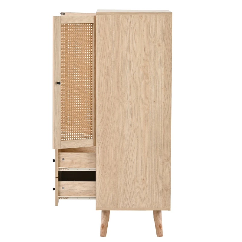 Buffet multifonction en bois avec portes en rotin, tiroirs et meuble de rangement, naturel