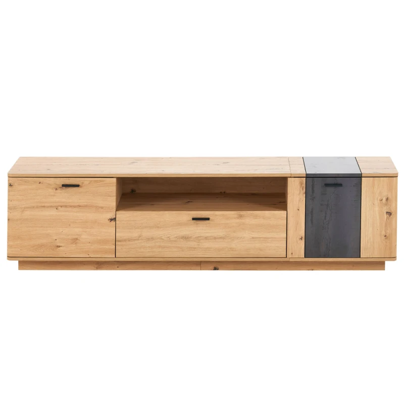 Meuble TV Scandinave Spacieux 1,8 m pour Téléviseur 80 pouces en MDF avec Angles Arrondis et Étagères de Rangement, Marron