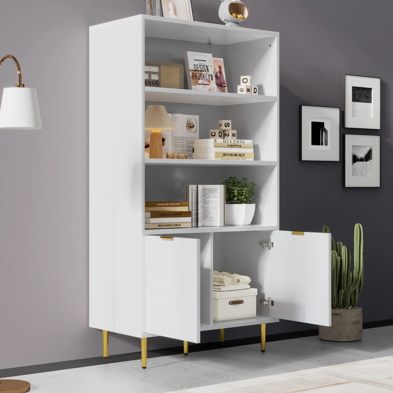 Armoire Haute Élégante, 2 Portes et 3 Étagères Ouvertes, Multifonction, Meuble de Rangement, Blanc+doré
