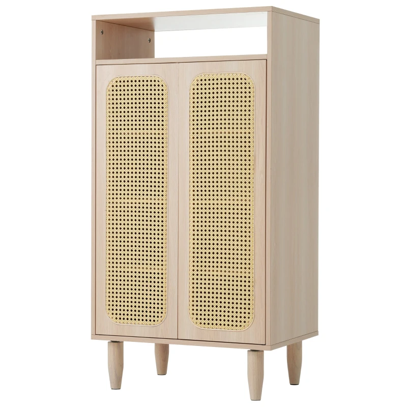 Buffet haut en Bois avec Portes en Cannage Rotin Étagères Réglables et Meuble de Rangement, Naturel