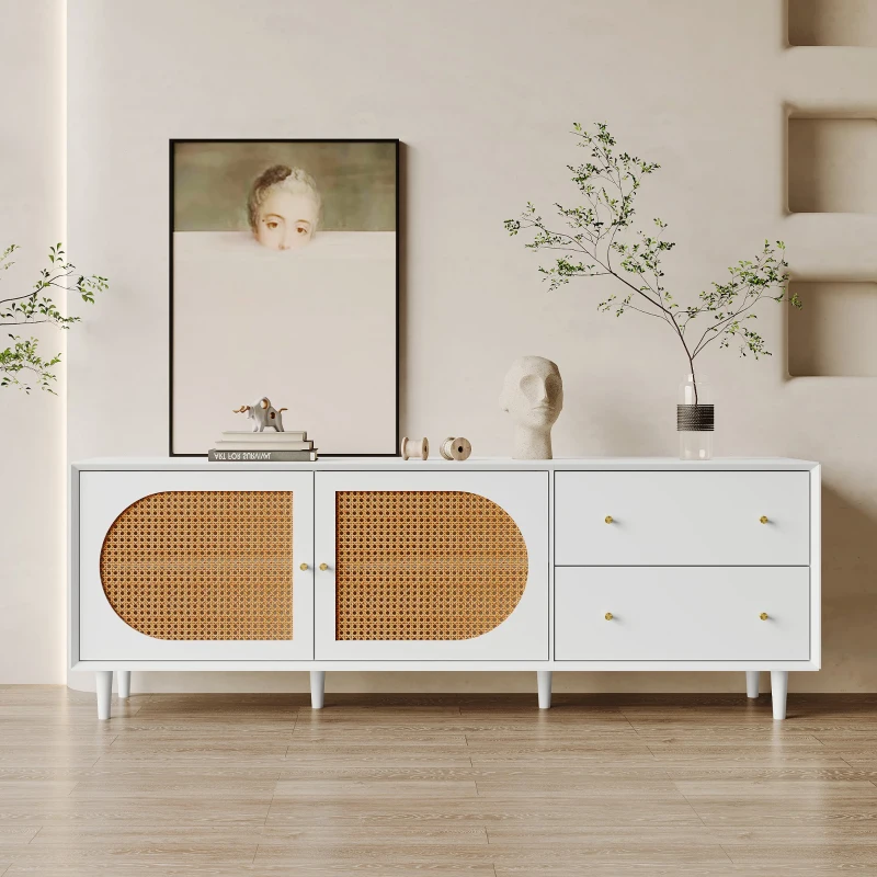 Meuble TV scandinave en rotin avec 2 tiroirs et grand espace de rangement intérieur, Blanc