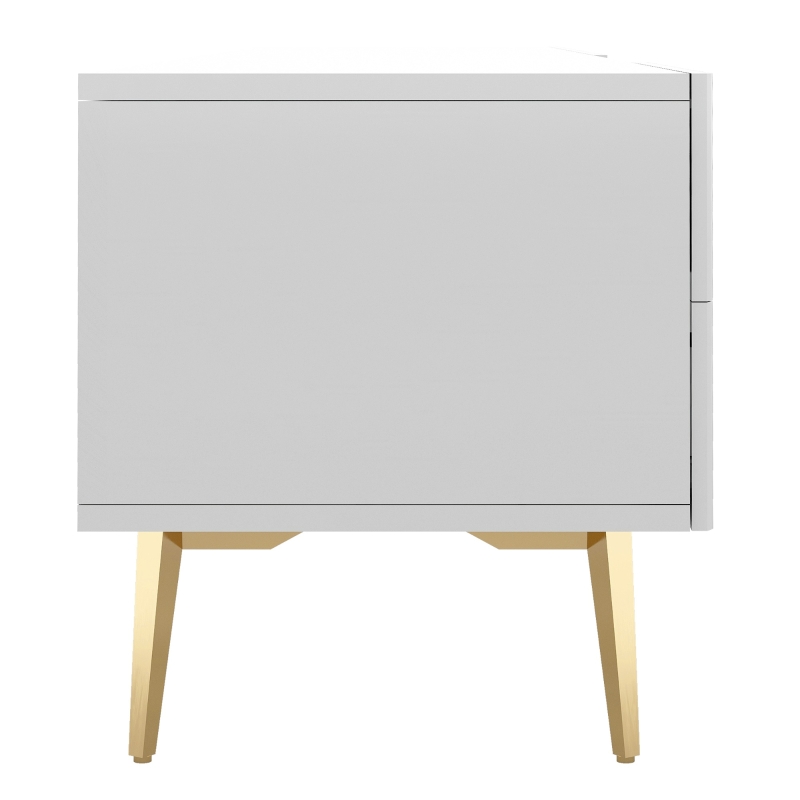 Meuble TV moderne avec bandes décoratives, pieds en métal doré et 2 tiroirs, Blanc