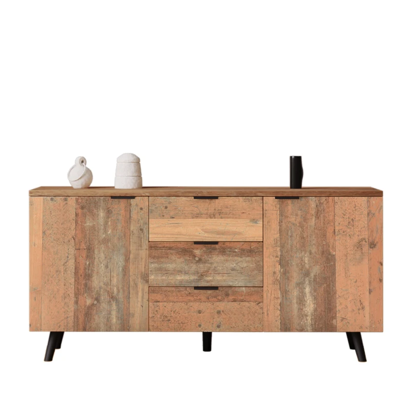 Buffet Vintage Scandinave en Bois avec 3 Tiroirs et Étagères Réglables pour Salon et Salle à Manger, Brun antique(m-2)