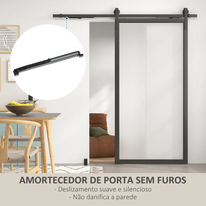 HOMCOM 6.6FT/200cm Kit de Ferragens para Porta Deslizante de Celeiro com Amortecedor Sem Perfuração e 2 Trilhos Preto