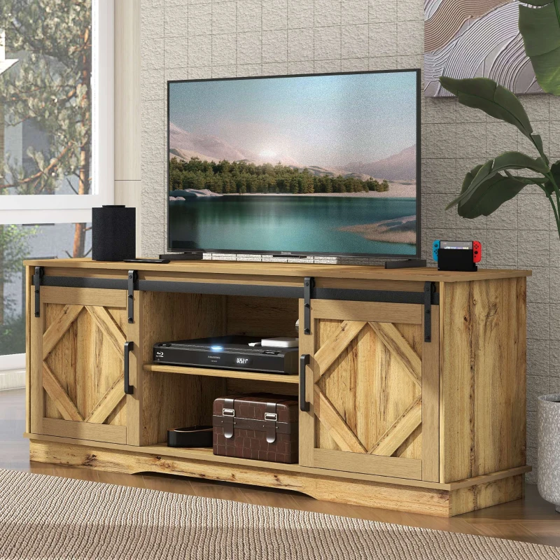 Meuble TV pour télévision jusqu'à 65 pouces style rustique avec portes coulissantes et étagères réglables pour salon, 150L x 40l x 60H cm, Marron