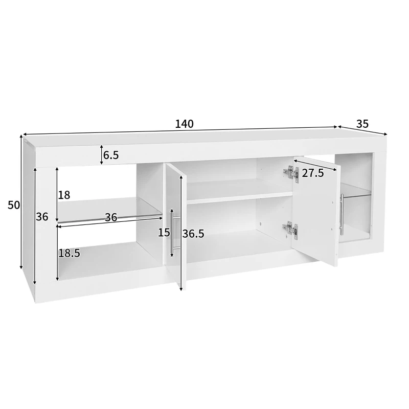 Meuble TV scandinave moderne suspendu pour écrans jusqu'à 60" avec LED 16 couleurs et contrôle Bluetooth, portes brillantes, Blanc