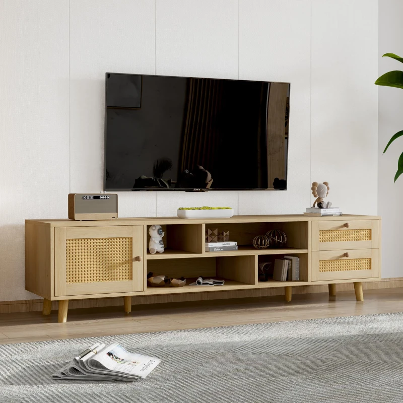 Meuble TV scandinave pour téléviseurs jusqu'à 70 pouces avec gestion des câbles, 2 tiroirs et une porte, Naturel