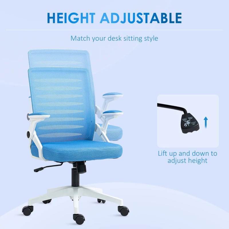 Vinsetto Scaun Ergonomic Reglabil pe Înălțime cu Cotiere de Ridicare, Scaun de Birou Pivotant din Poliester, 54x54x89-99 cm, Albastru