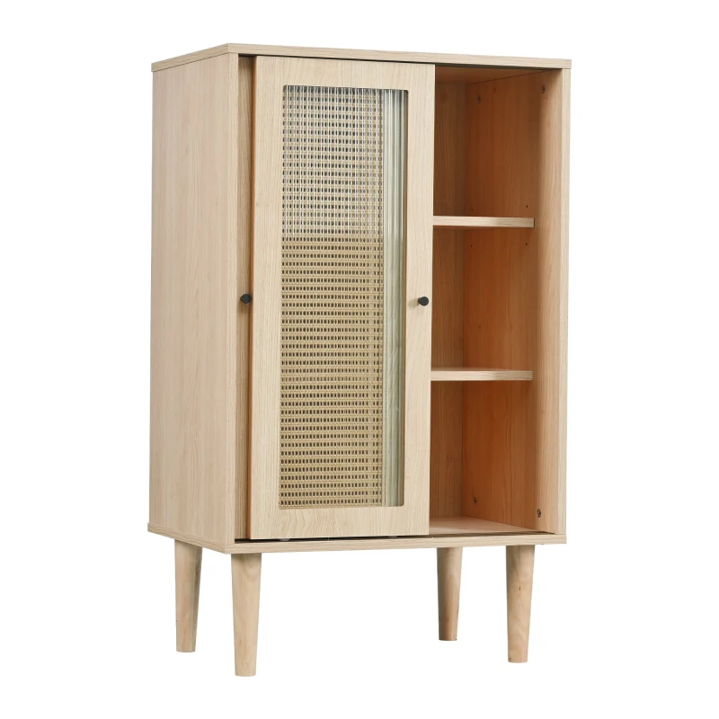 Buffet moderne en bois avec portes coulissantes en verre et rotin synthétique à 6 étagères internes, Naturel
