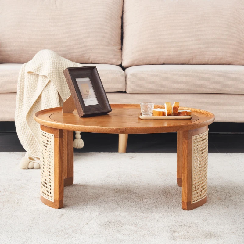 Table Basse Vintage en Bois Massif avec Détails en Cannage Rotin, Ø70 cm, Naturel