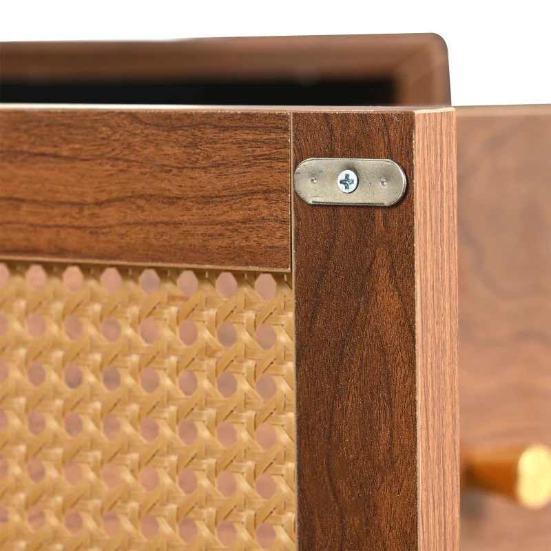 Buffet Moderne en Rotin avec 3 Tiroirs, 2 Portes et Meuble TV Scandinave, couleur noyer