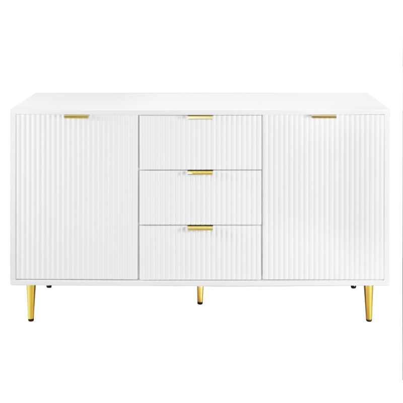 Buffet Élégante avec 2 Portes, 3 Tiroirs et Détails à Rayures Verticales - Meuble de Rangement, Blanc+doré