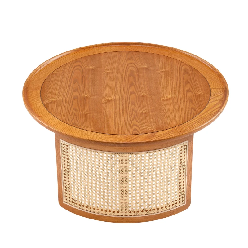 Table Basse Vintage en Bois Massif avec Détails en Cannage Rotin, Ø70 cm, Naturel