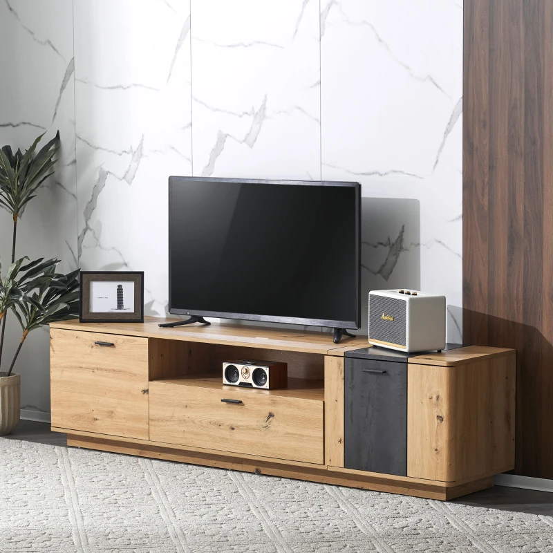 Meuble TV Scandinave Spacieux 1,8 m pour Téléviseur 80 pouces en MDF avec Angles Arrondis et Étagères de Rangement, Marron