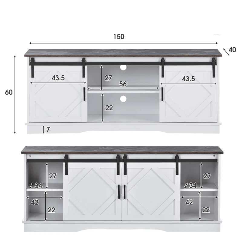 Meuble TV pour télévision jusqu'à 65 pouces style campagne moderne avec portes coulissantes et étagères réglables, Marron blanc
