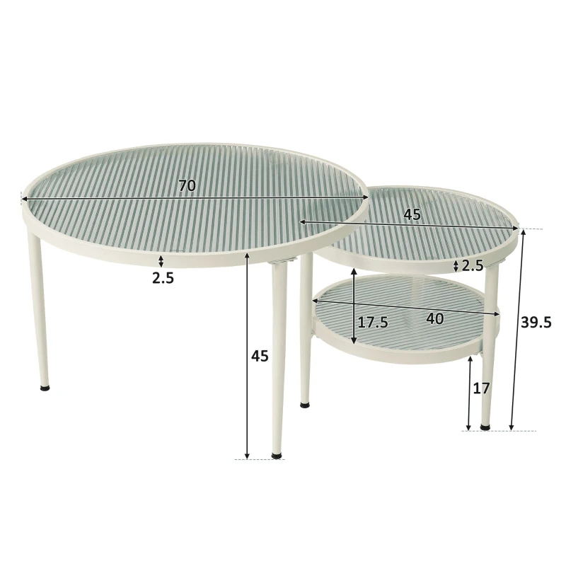 Ensemble de 2 tables basses gigognes rondes avec plateau en verre strié, polyvalentes et élégantes, Blanc