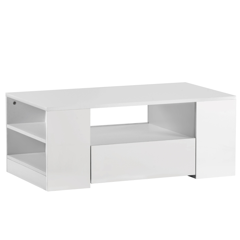 Table Basse Moderne Brillante Relevable avec Plateau Relevable, 2 Tiroirs, 2 Étagères et Éclairage LED, Blanc